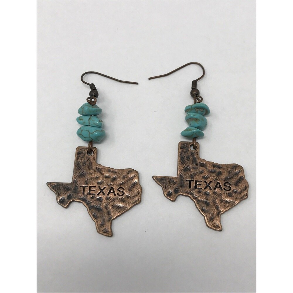 TEXAS Turquoise Dangle Earrings Hammered Metal Western Cowgirl Southwest